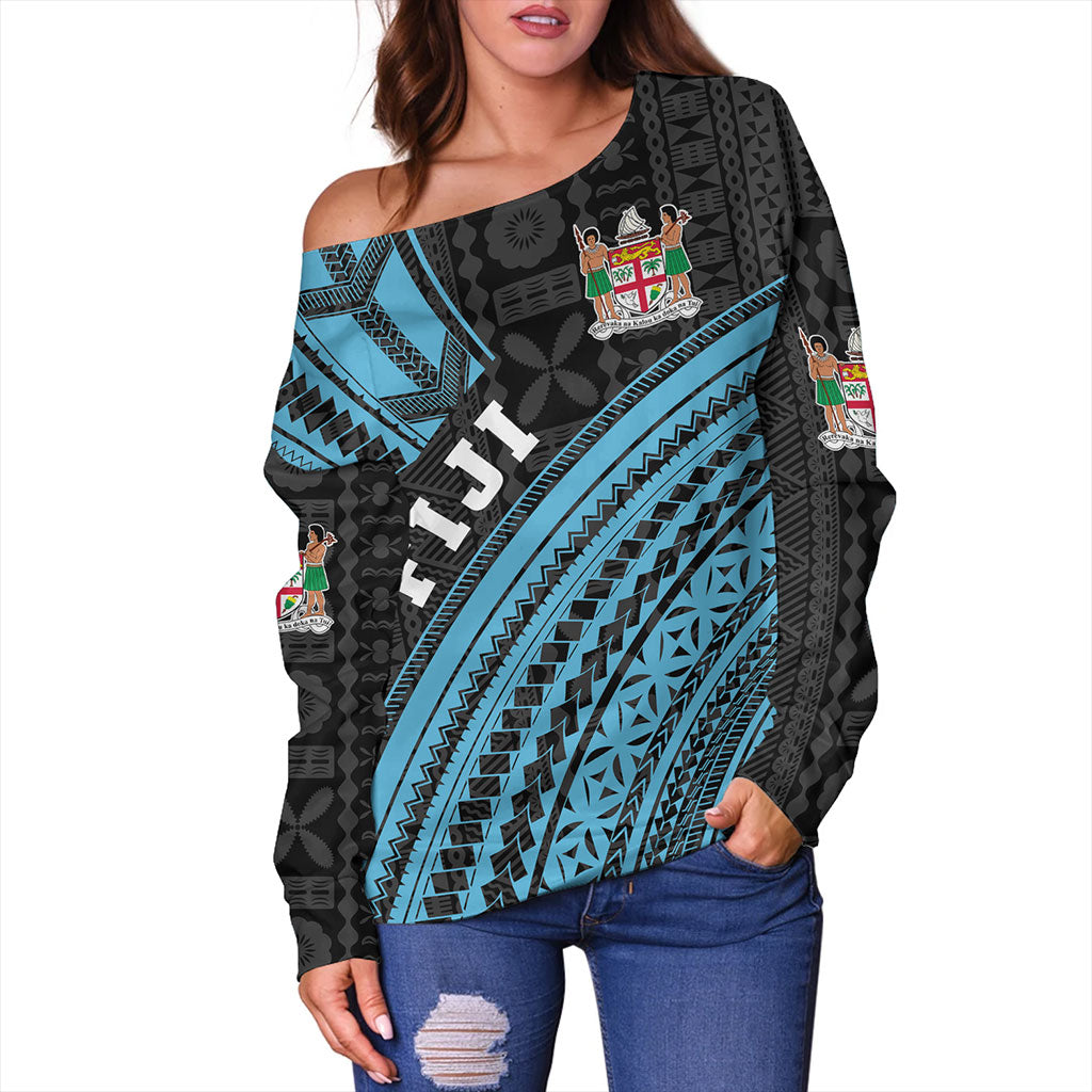 Fiji Off Shoulder Sweatshirt Custom Melanesian Tattoo Simple