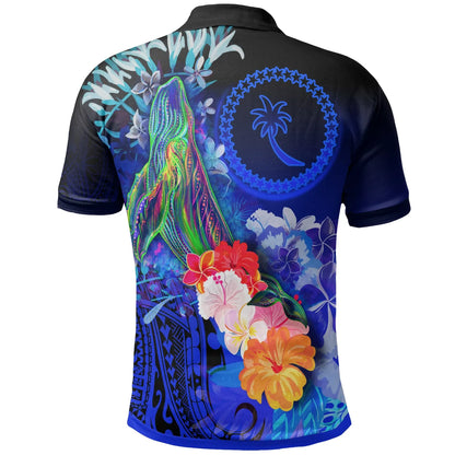 [Custom Personalised] Chuuk PoLo Shirt - Humpback Whale with Tropical Flowers (Blue)