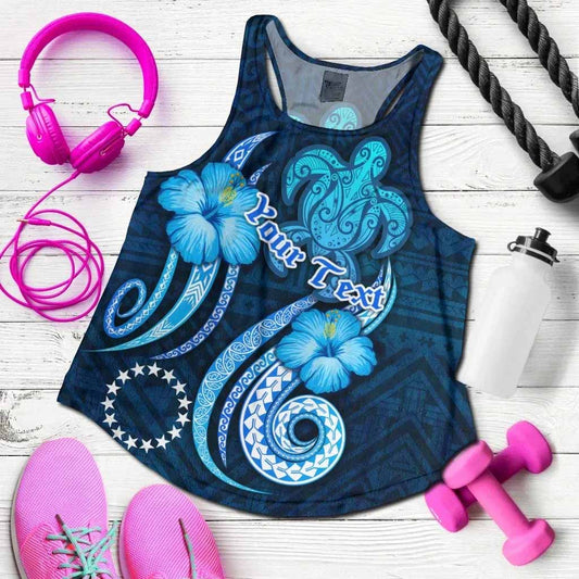 [Custom] Cook Islands Personalised Women Racerback Tank - Turtle and Tribal Tattoo Of Polynesian