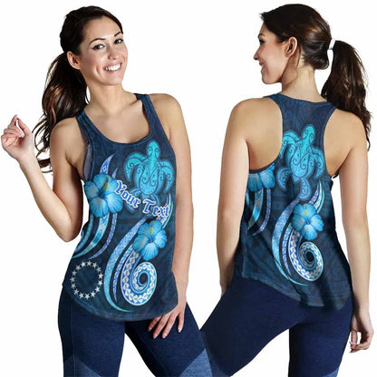 [Custom] Cook Islands Personalised Women Racerback Tank - Turtle and Tribal Tattoo Of Polynesian