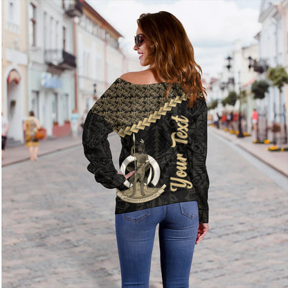 Vanuatu Off Shoulder Sweatshirt Custom Melanesia Tribal Golden Coconut