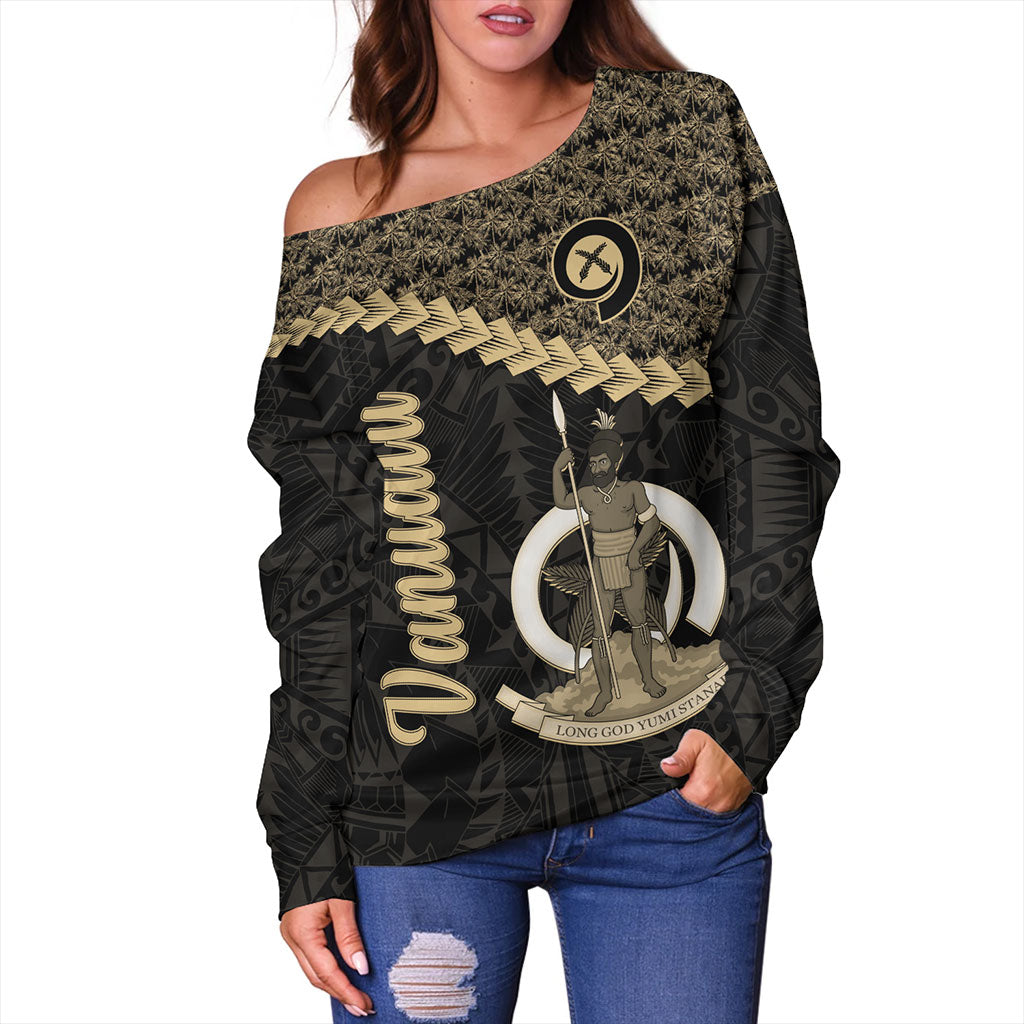 Vanuatu Off Shoulder Sweatshirt Custom Melanesia Tribal Golden Coconut