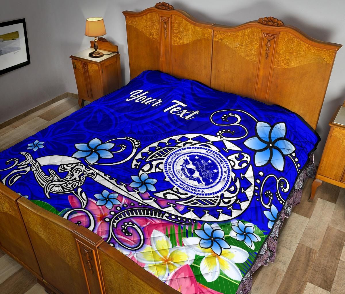 FSM Custom Personalised Premium Quilt - Turtle Plumeria (Blue)