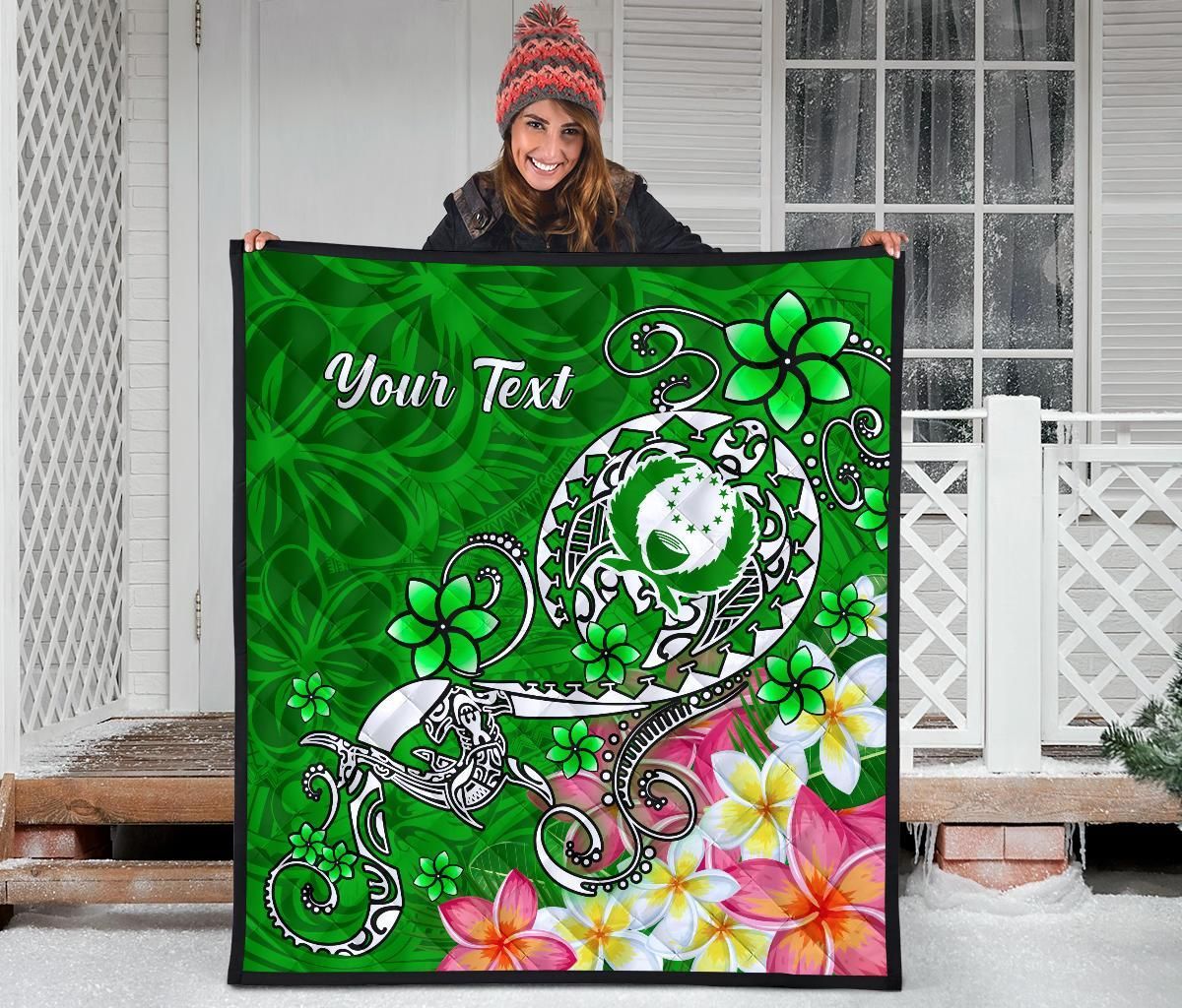 Pohnpei Custom Personalised Premium Quilt - Turtle Plumeria (Green)