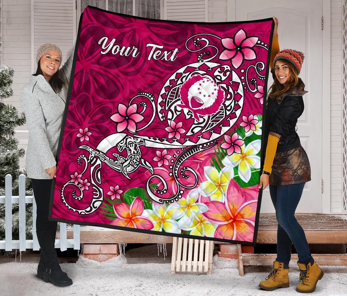 Pohnpei Custom Personalised Premium Quilt - Turtle Plumeria (Pink)
