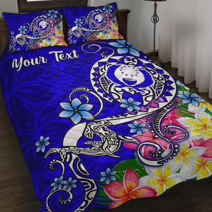Pohnpei Custom Personalised Quilt Bed Set- Turtle Plumeria (Blue)
