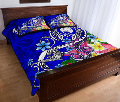 Pohnpei Custom Personalised Quilt Bed Set- Turtle Plumeria (Blue)
