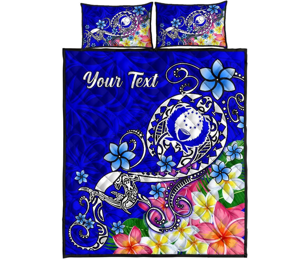 Pohnpei Custom Personalised Quilt Bed Set- Turtle Plumeria (Blue)