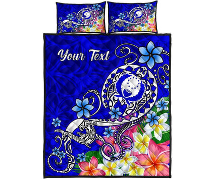 Pohnpei Custom Personalised Quilt Bed Set- Turtle Plumeria (Blue)