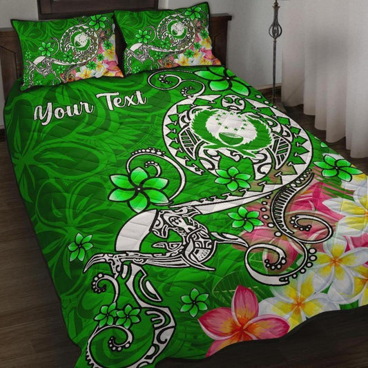 Pohnpei Custom Personalised Quilt Bed Set - Turtle Plumeria (Green)