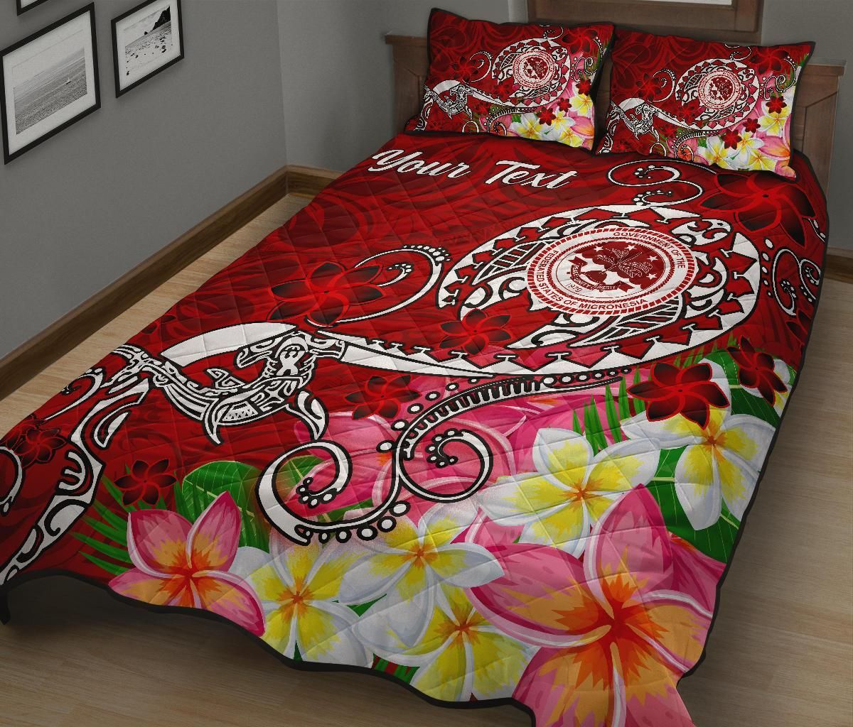 FSM Custom Personalised Quilt Bed Set - Turtle Plumeria (Red)