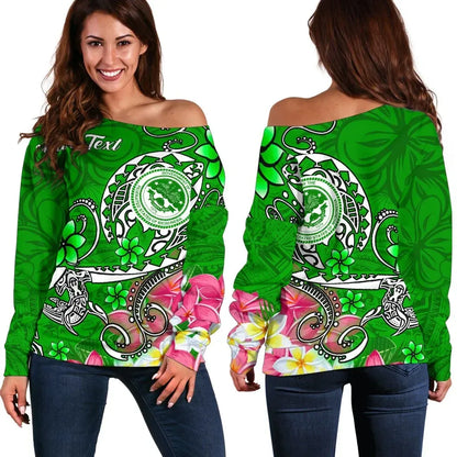 FSM Custom Personalised Women Off Shoulder Sweater - Turtle Plumeria (Green)
