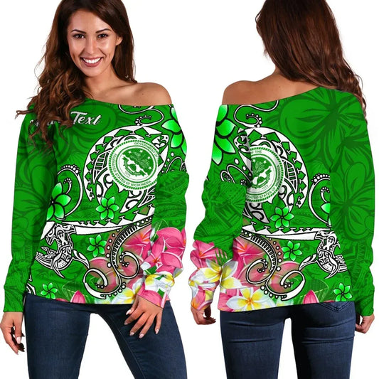 FSM Custom Personalised Women Off Shoulder Sweater - Turtle Plumeria (Green)