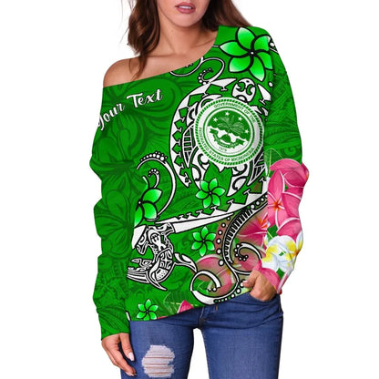 FSM Custom Personalised Women Off Shoulder Sweater - Turtle Plumeria (Green)