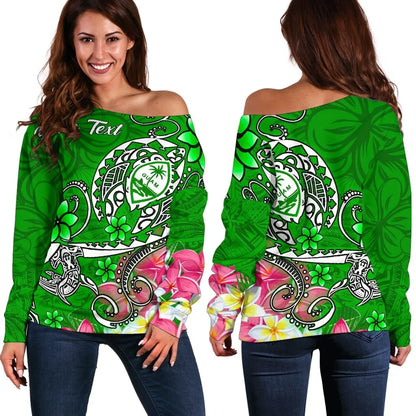 Guam Custom Personalised Women Off Shoulder Sweater - Turtle Plumeria (Green)