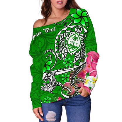 Guam Custom Personalised Women Off Shoulder Sweater - Turtle Plumeria (Green)