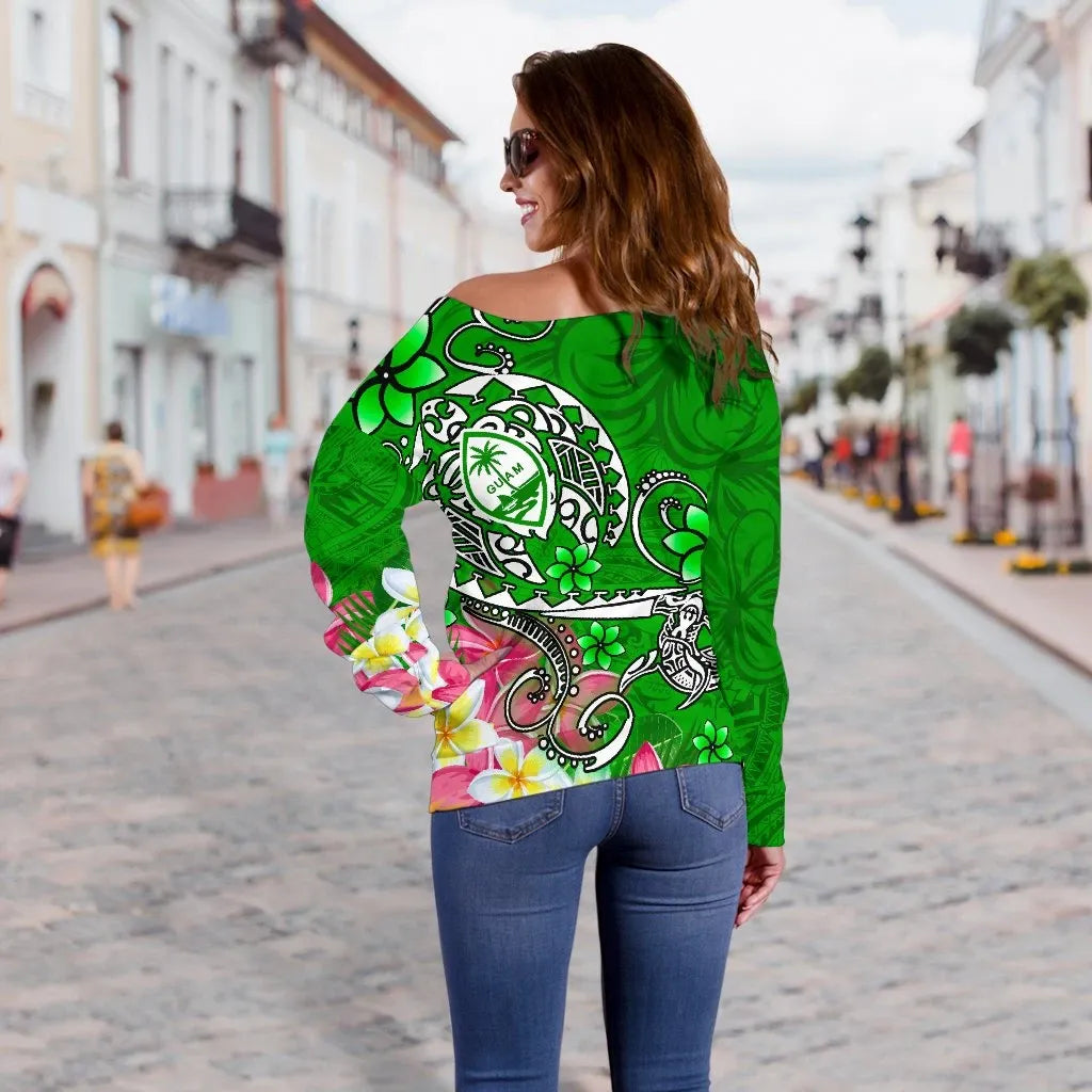 Guam Custom Personalised Women Off Shoulder Sweater - Turtle Plumeria (Green)
