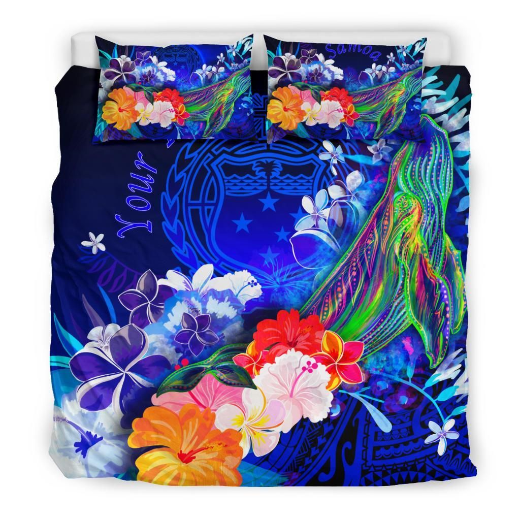 [Custom Personalised] Samoa Bedding Set - Humpback Whale With Tropical Flowers (Blue)