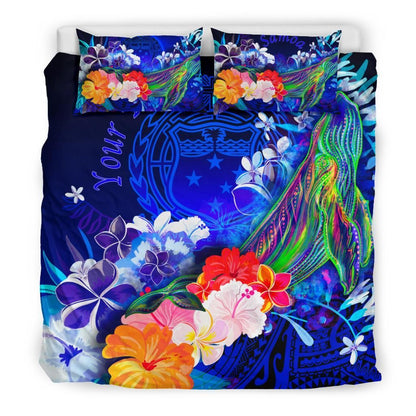 [Custom Personalised] Samoa Bedding Set - Humpback Whale With Tropical Flowers (Blue)