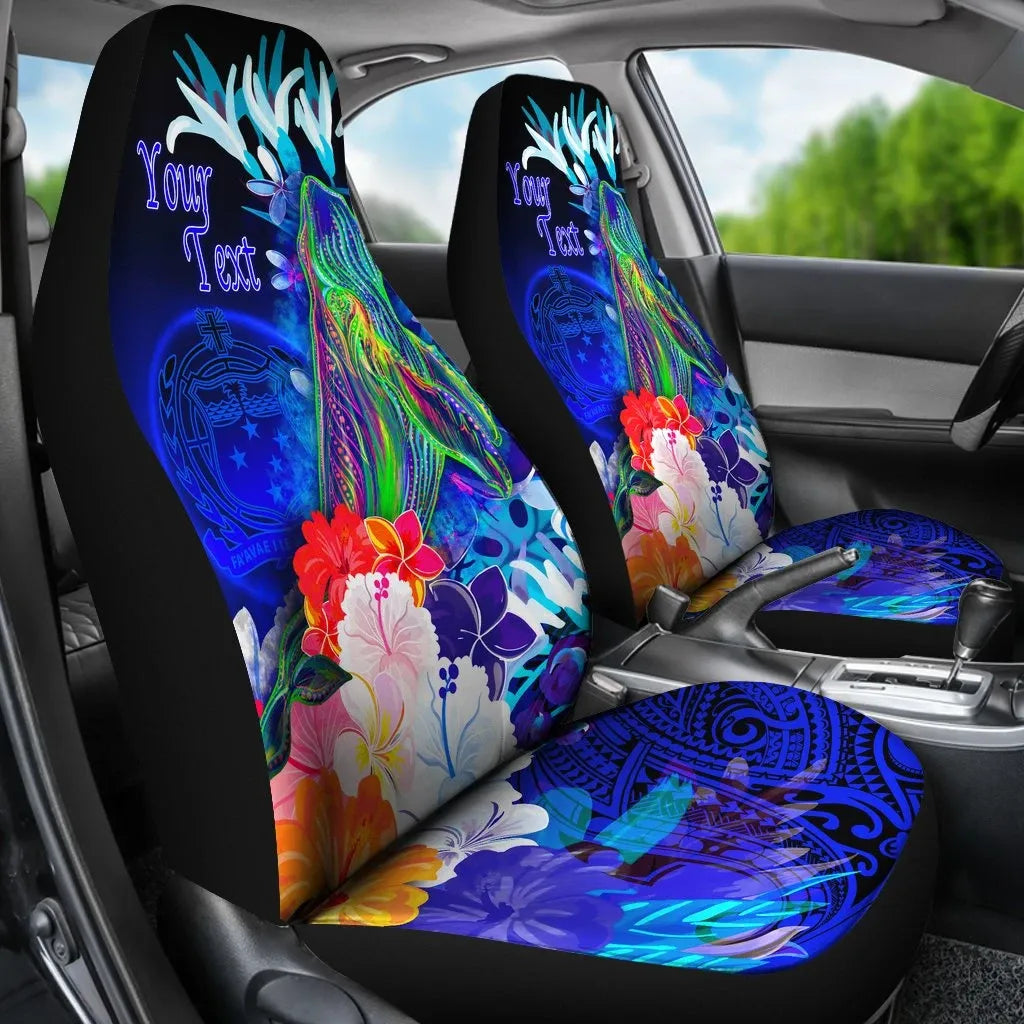 [Custom Personalised] Samoa Car Seat Covers - Humpback Whale with Tropical Flowers (Blue)