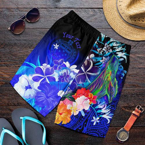 [Custom Personalised] Samoa Men Shorts - Humpback Whale with Tropical Flowers (Blue)