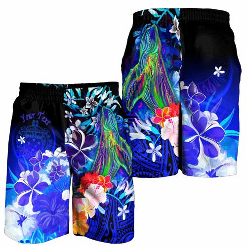 [Custom Personalised] Samoa Men Shorts - Humpback Whale with Tropical Flowers (Blue)