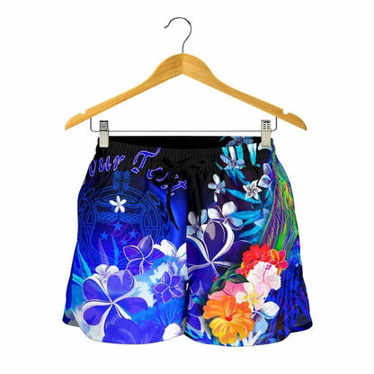 [Custom Personalised] Samoa Women Shorts - Humpback Whale with Tropical Flowers (Blue)