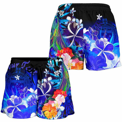 [Custom Personalised] Samoa Women Shorts - Humpback Whale with Tropical Flowers (Blue)
