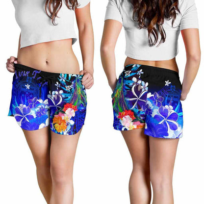 [Custom Personalised] Samoa Women Shorts - Humpback Whale with Tropical Flowers (Blue)
