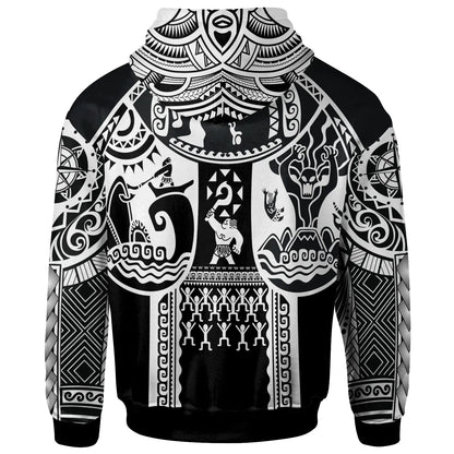 (Custom Personalised) Polynesian Hawaii Hoodie - Coat Of Arm Hawaii & Maui Tattoo - Polynesian Patterns Blue White