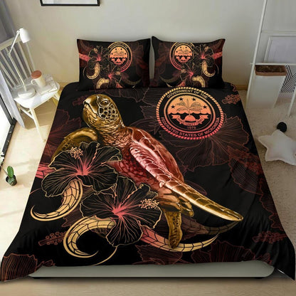 Federated States Of Micronesia Polynesian Bedding Set - Turtle With Blooming Hibiscus Gold