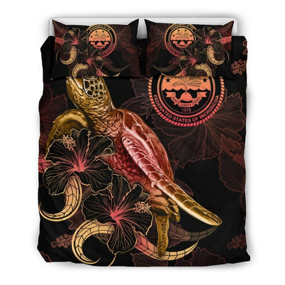 Federated States Of Micronesia Polynesian Bedding Set - Turtle With Blooming Hibiscus Gold
