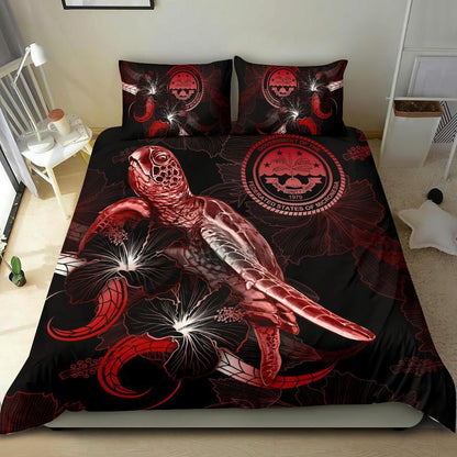 Federated States Of Micronesia Polynesian Bedding Set - Turtle With Blooming Hibiscus Red