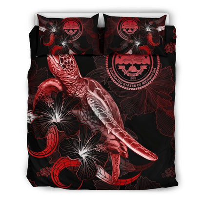 Federated States Of Micronesia Polynesian Bedding Set - Turtle With Blooming Hibiscus Red