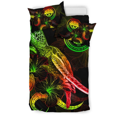 Federated States Of Micronesia Polynesian Bedding Set - Turtle With Blooming Hibiscus Reggae