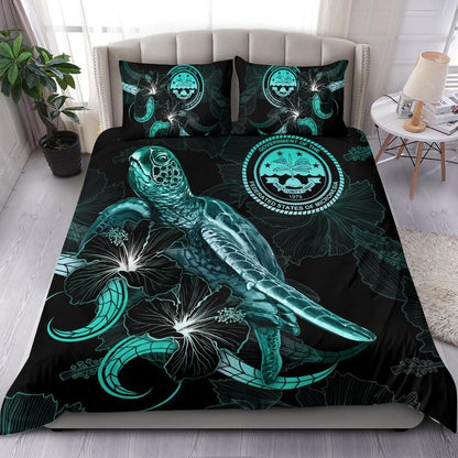 Federated States Of Micronesia Polynesian Bedding Set - Turtle With Blooming Hibiscus Turquoise