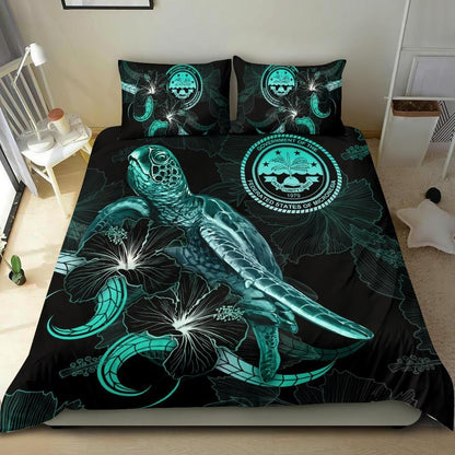 Federated States Of Micronesia Polynesian Bedding Set - Turtle With Blooming Hibiscus Turquoise