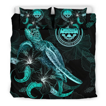 Federated States Of Micronesia Polynesian Bedding Set - Turtle With Blooming Hibiscus Turquoise