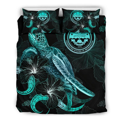 Federated States Of Micronesia Polynesian Bedding Set - Turtle With Blooming Hibiscus Turquoise