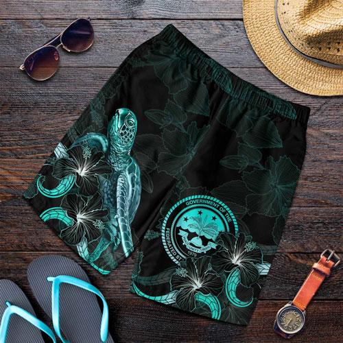 Federated States of Micronesia Polynesian Men Shorts - Turtle With Blooming Hibiscus Turquoise