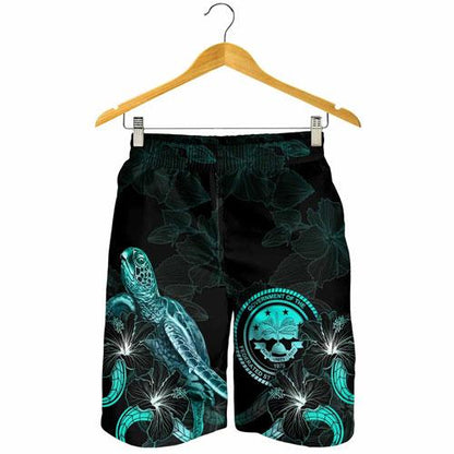Federated States of Micronesia Polynesian Men Shorts - Turtle With Blooming Hibiscus Turquoise