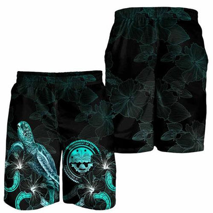 Federated States of Micronesia Polynesian Men Shorts - Turtle With Blooming Hibiscus Turquoise