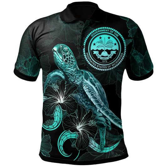 Federated States of Micronesia Polynesian Polo Shirt - Turtle With Blooming Hibiscus Turquoise