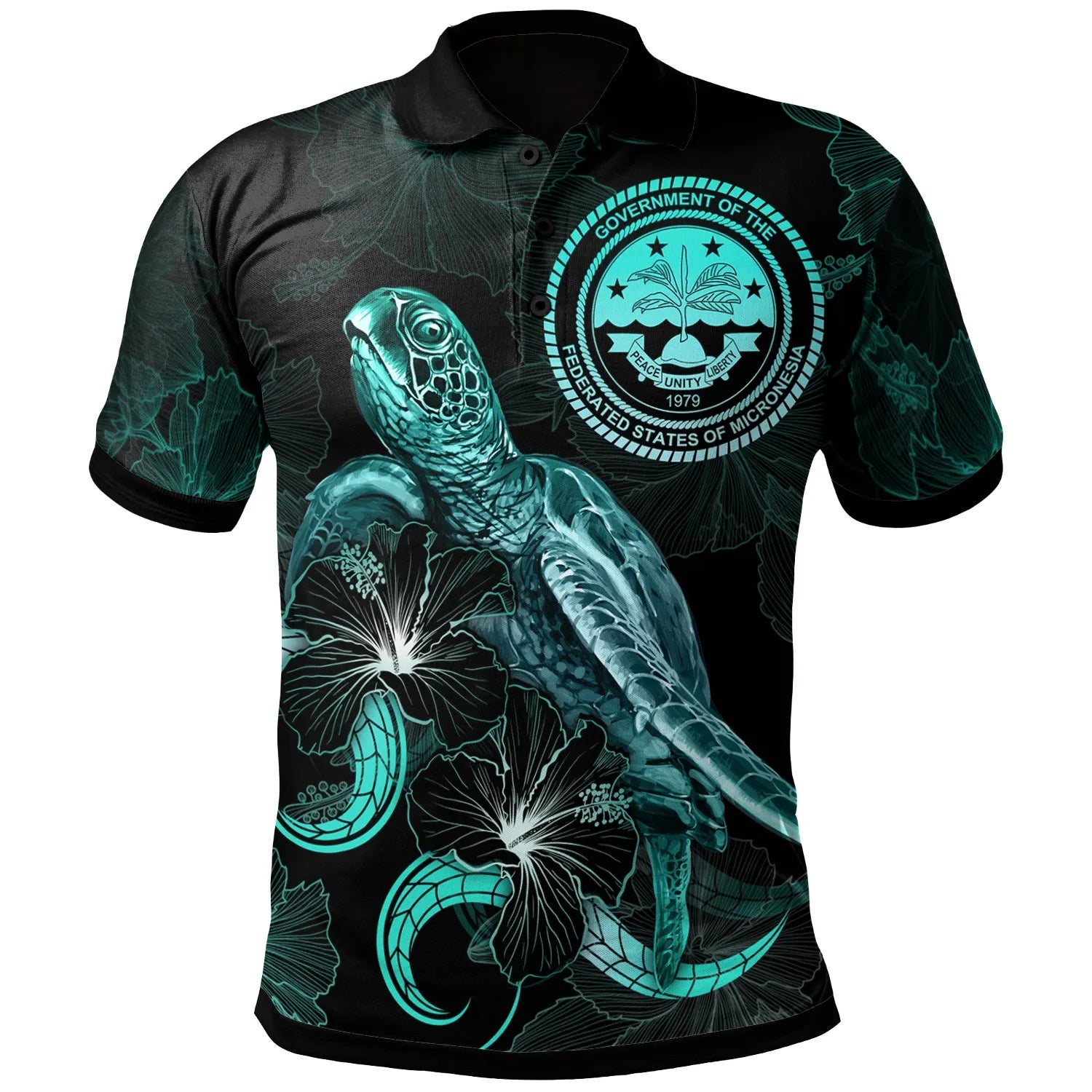 Federated States of Micronesia Polynesian Polo Shirt - Turtle With Blooming Hibiscus Turquoise