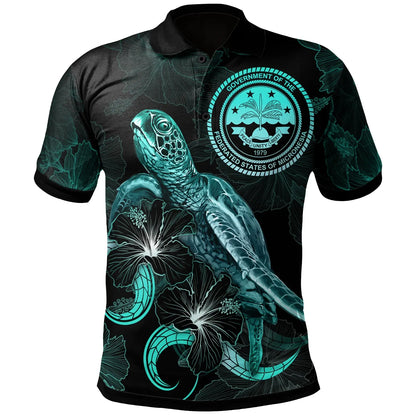 Federated States of Micronesia Polynesian Polo Shirt - Turtle With Blooming Hibiscus Turquoise