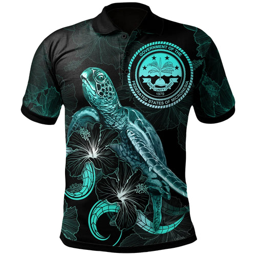 Federated States of Micronesia Polynesian Polo Shirt - Turtle With Blooming Hibiscus Turquoise
