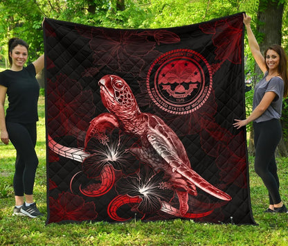 Federated States of Micronesia Polynesian Premium Quilt - Turtle With Blooming Hibiscus Red