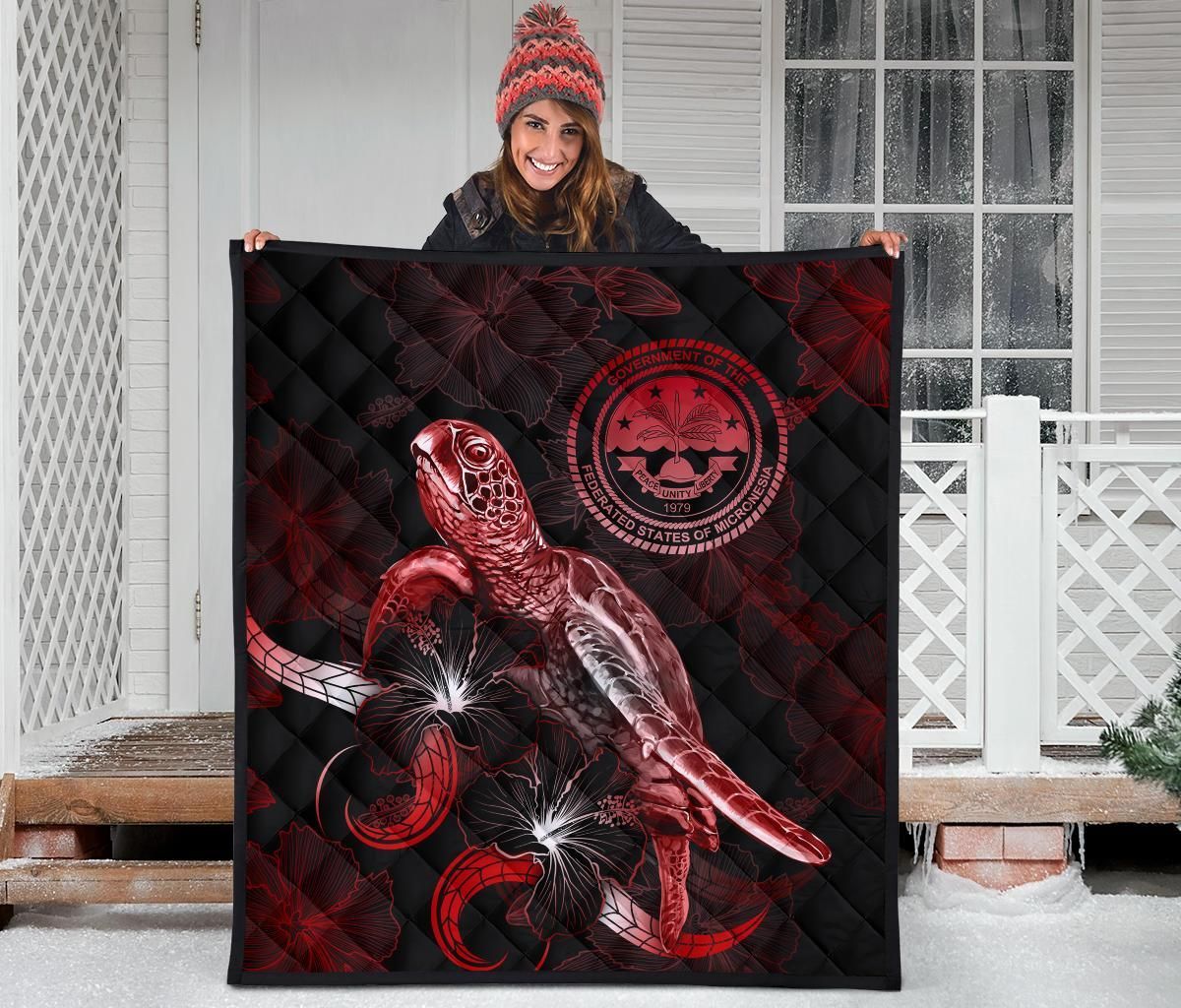 Federated States of Micronesia Polynesian Premium Quilt - Turtle With Blooming Hibiscus Red