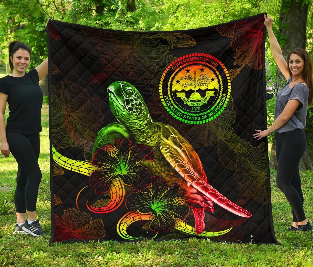 Federated States of Micronesia Polynesian Premium Quilt - Turtle With Blooming Hibiscus Reggae
