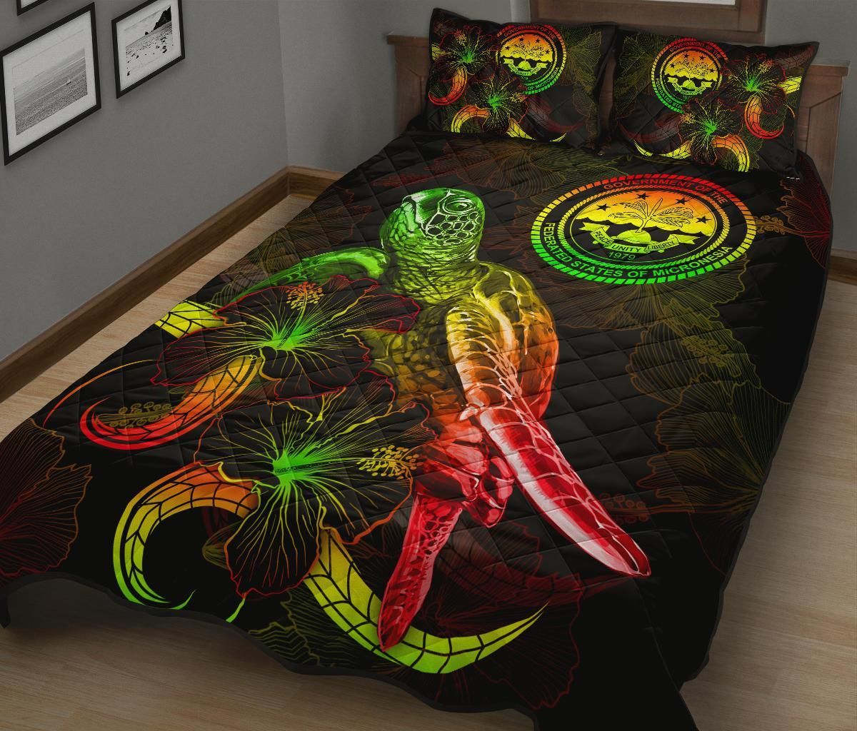 Federated States of Micronesia Polynesian Quilt Bed Set - Turtle With Blooming Hibiscus Reggae
